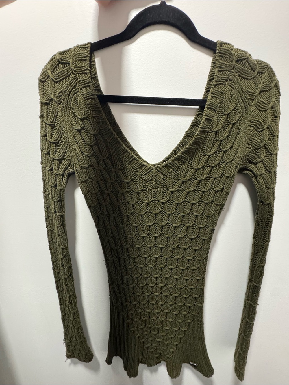 Guess Olive Green V-Neck Textured Knit Sweater